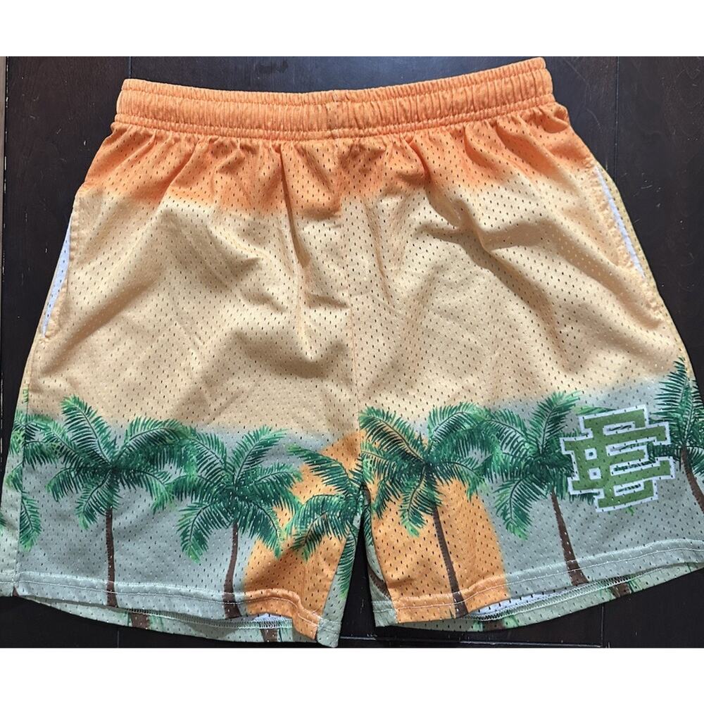 Eric Emanuel Mesh Shorts Palm Tree Pattern Orange Green Drawstring Breathable XL